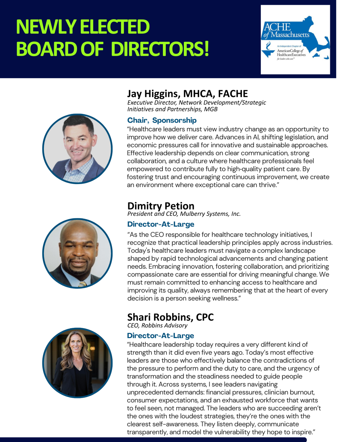Newly Elected – 2026 Board of Directors – ACHE of Massachusetts